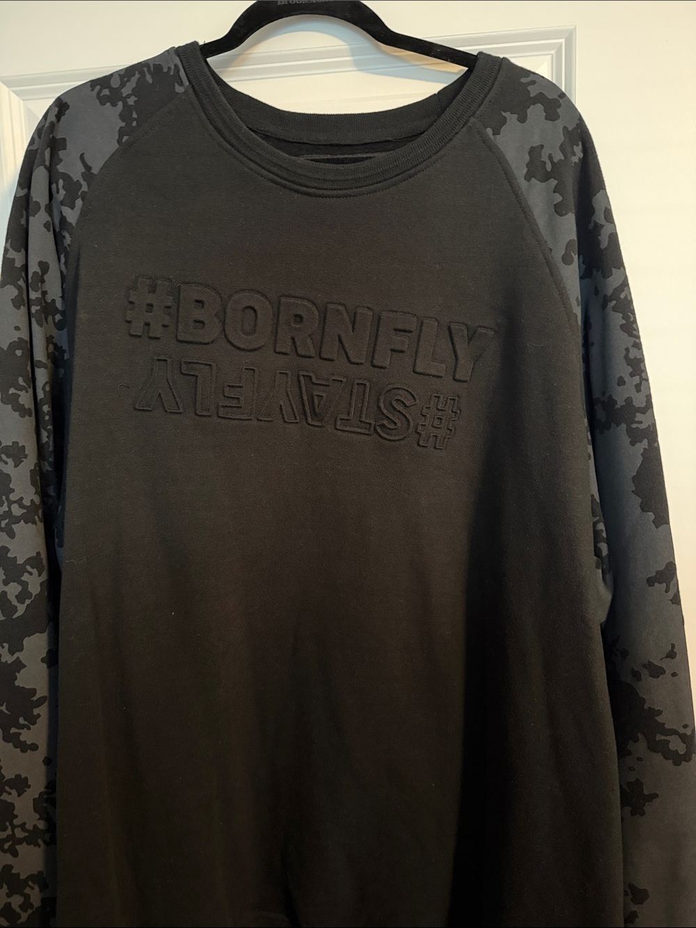 Black Crewneck Sweatshirt with Camouflage Sleeves